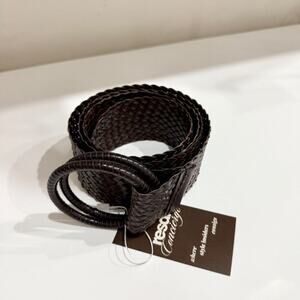 Braided Wide Waist Belt Faux Leather Dark Brown Women's One Size